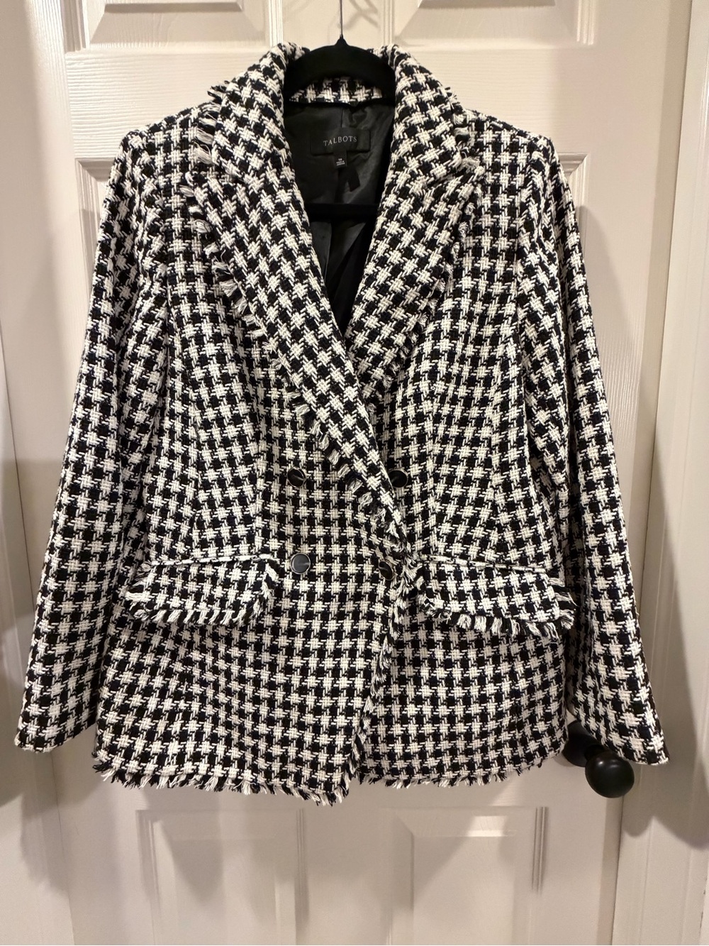Talbots Black and White Houndstooth Tweed Double-Breasted Blazer